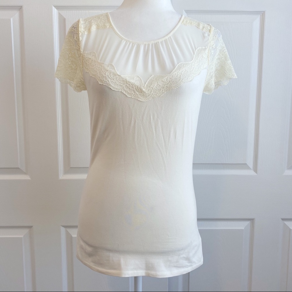 Express Sheer & Lace Short Sleeve Ivory Top Tee